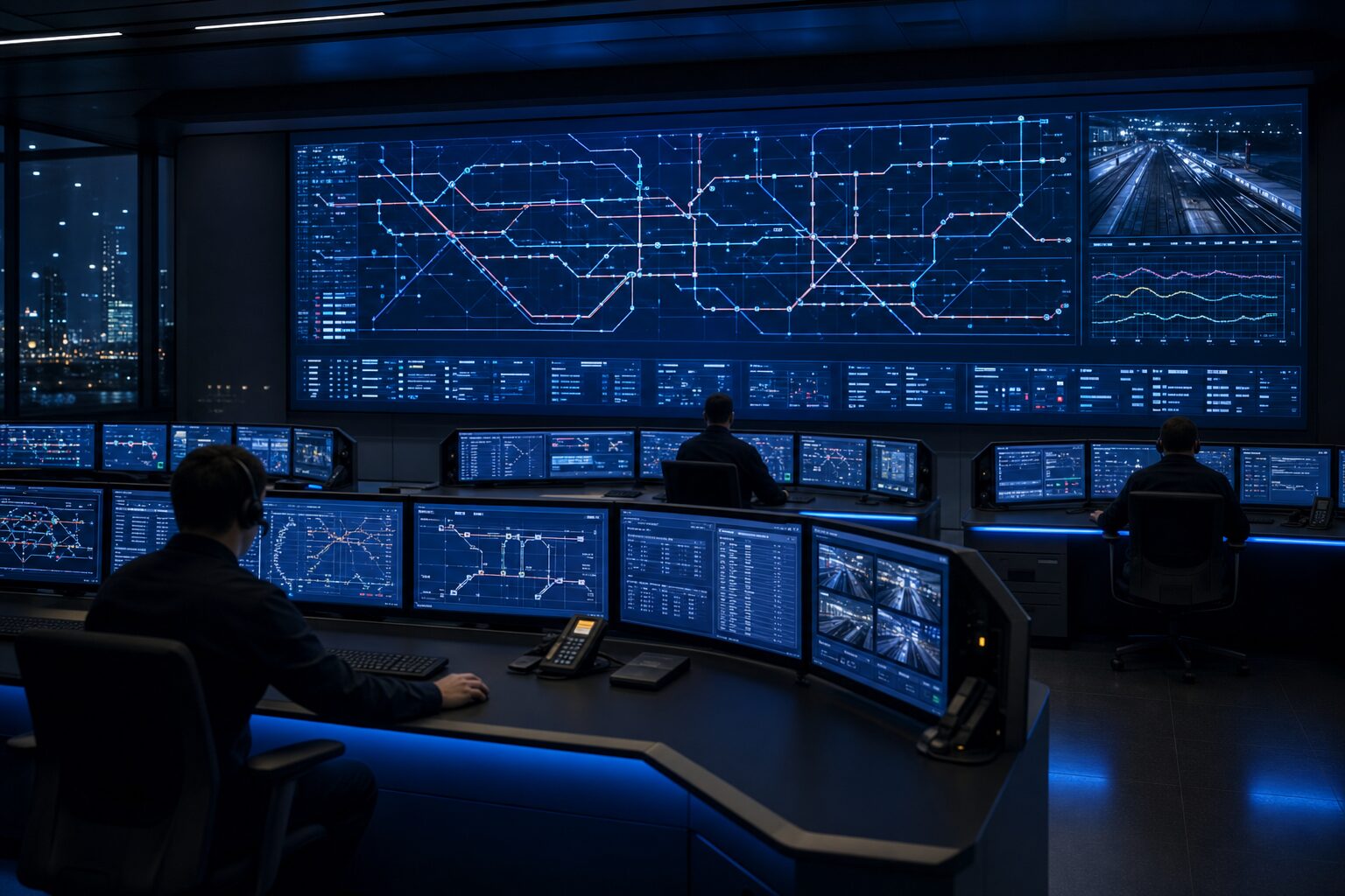 Transit rail control center with data displays